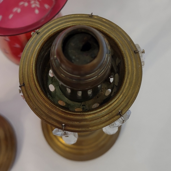 Antique Russian Brass Spring Loaded Candle Holders w/Etched Cranberry Globes - Picture 10 of 13